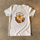 Cream T-shirt with retro-style graphic, "I'm a friend of Prince Ink Norfolk, Virginia" in yellow and brown.