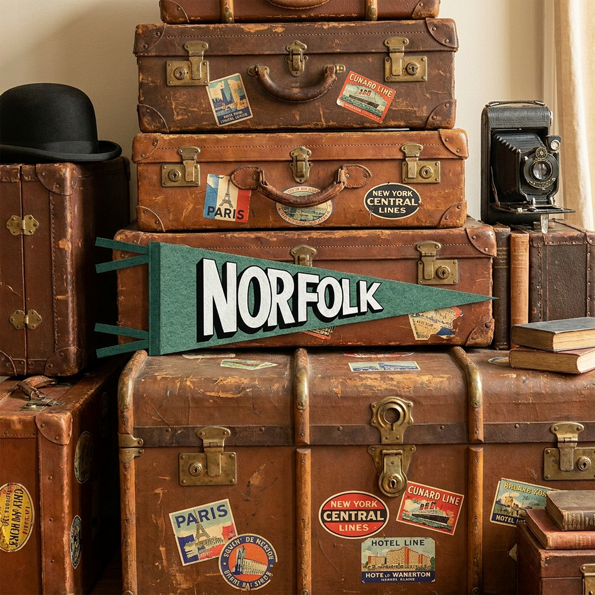 Norfolk Felt Pennant with antique suitcases and trunks