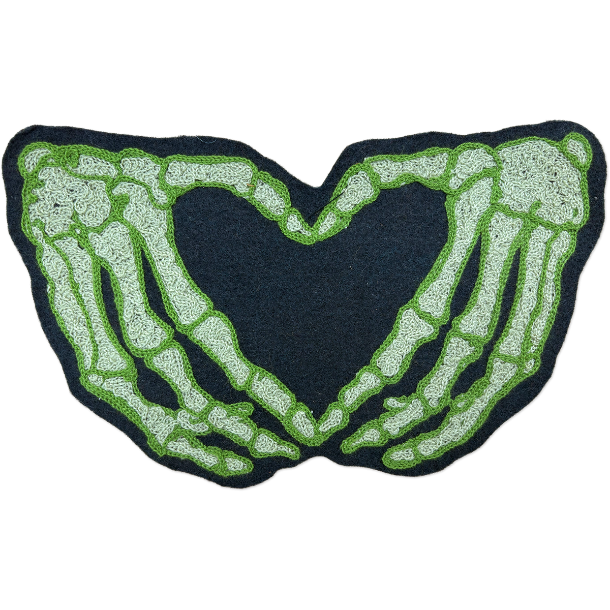 Chainstitch patch depicting two skeleton hands forming a heart shape.