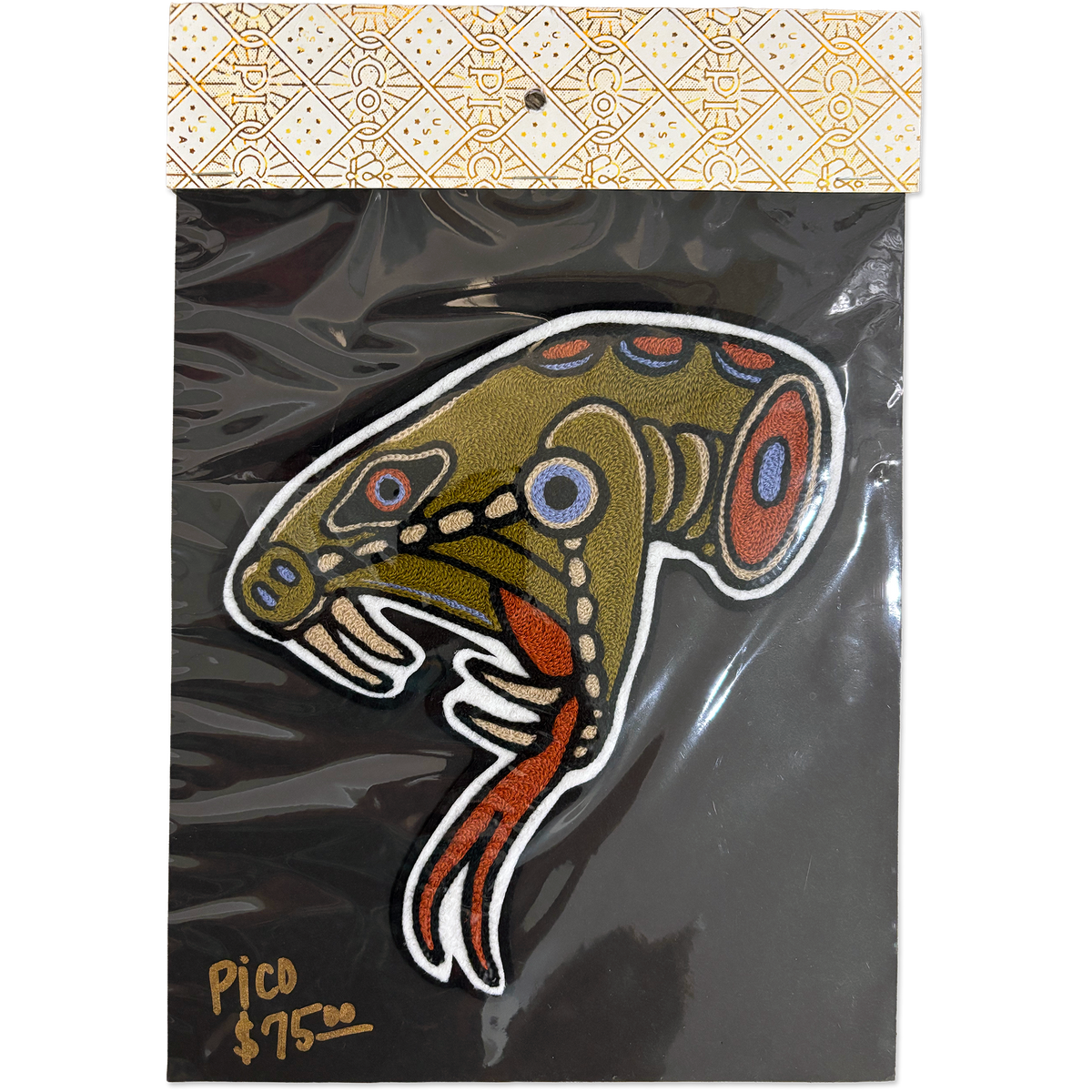 A stylized severed snake's head patch with a hand-drawn, pattern in olive green, red, blue, and white, displayed on a black backing card with a gold patterned header and a handwritten price of $75.
