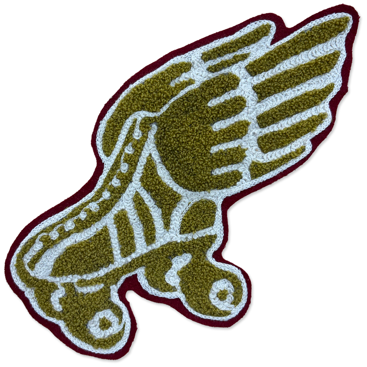 A textured, tufted patch featuring a stylized winged figure in olive green, white, and dark burgundy, isolated on a white background.