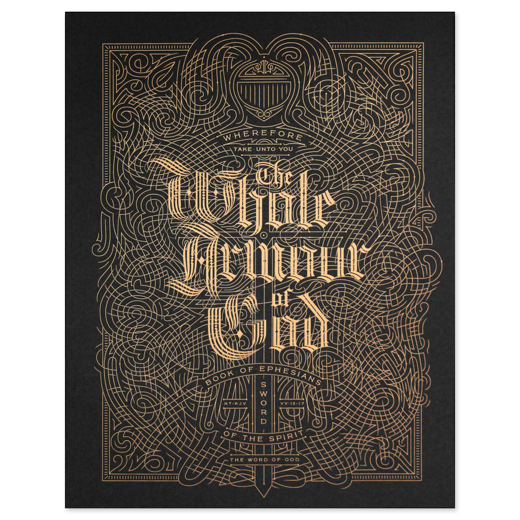 Decorative poster with intricate gold designs and text on a black background